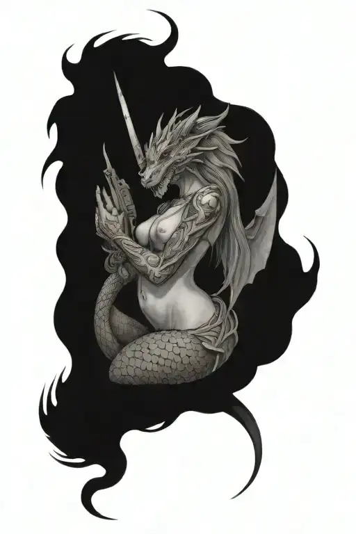 a dragon wrapped around an aquarian woman with a gun on her hip, pouring water from a pale  tattoo design idea