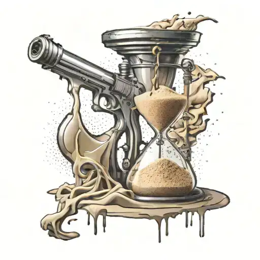 an hourglass cracked pouring sand on the gun that drips blood tattoo design idea