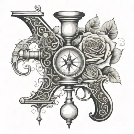 an hourglass cracked pouring sand on the gun that drips blood. Incorporate roses, money, compass, magnifying glass, tattoo design idea