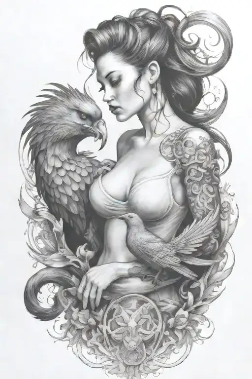 Give her long flowy hair, add a pheonix bird and guns tattoo design idea