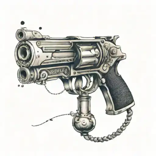 An intricate tattoo of a gun morphing into a gavel, representing the balance between justice and power tattoo design idea