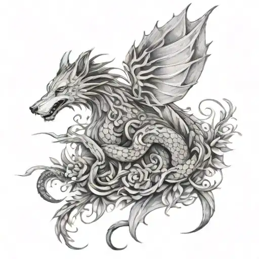 Long dragon wrapping around a wolf tattoo design idea