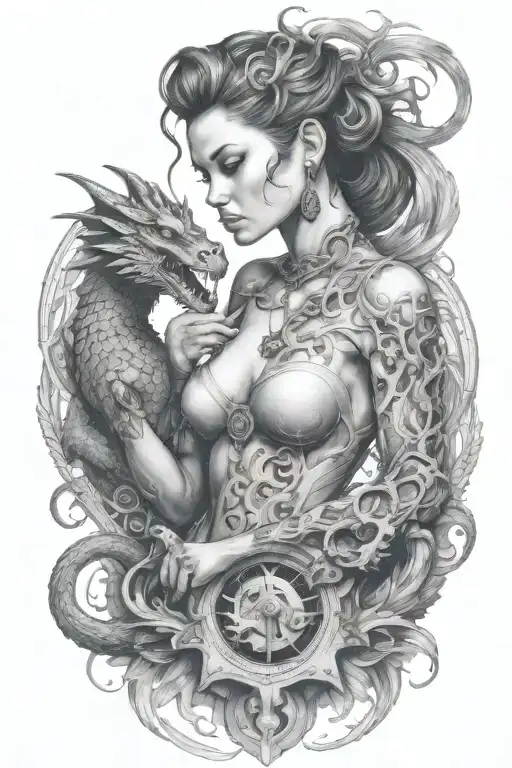 An intricate tattoo of a strong woman with a dragon tearing out of the skin , with elements of guns and hourglasses tattoo design idea