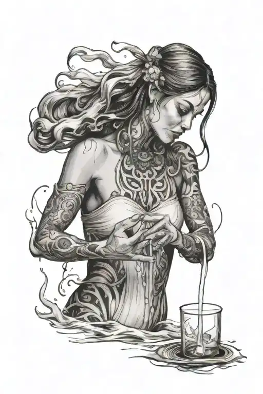 aquarian woman pouring water from a pale onto everything beneather her  tattoo design idea