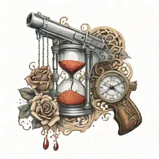 an hourglass cracked pouring sand on the gun that drips blood. Incorporate roses, money, compass, magnifying glass, tattoo design idea