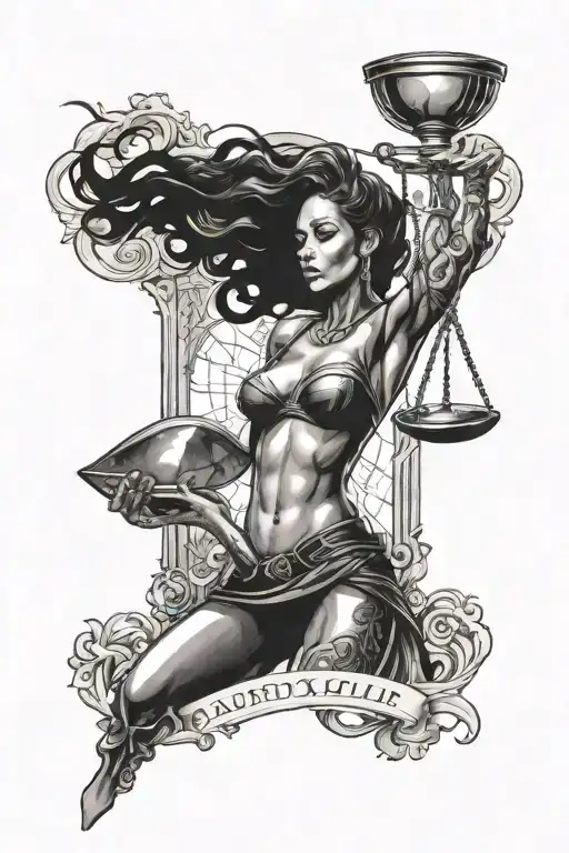 Black And Grey "Aquarian Woman Pouring Her Soul Into Everything Beneath" incorporat guns, justice scale, hourglass tattoo design idea