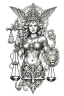 An intricate tattoo of a sexy lady justice, a lion for half of her face , with elements of guns and hourglasses tattoo design idea