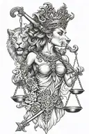 An intricate tattoo of a sexy lady justice, a lion for half of her face , with elements of guns and hourglasses tattoo design idea