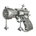 An intricate tattoo of a gun morphing into a gavel, representing the balance between justice and power tattoo design idea