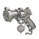 An intricate tattoo of a gun morphing into a gavel, representing the balance between justice and power tattoo design idea