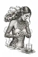 aquarian woman pouring water from a pale onto everything beneather her  tattoo design idea