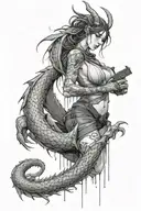 a dragon wrapped around an aquarian woman with a gun on her hip, pouring water from a pale  tattoo design idea
