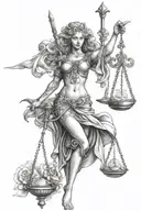 An intricate tattoo of a sexy lady justice as an Aquarius with elements of guns and hourglasses tattoo design idea
