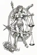 An intricate tattoo of a sexy lady justice as an Aquarius with elements of guns and hourglasses tattoo design idea
