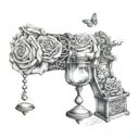 collage of roses, hourglass, broken heart, the words JUSTLOVE tattoo design idea