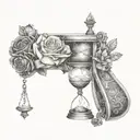 collage of roses, hourglass, broken heart, the words JUSTLOVE tattoo design idea