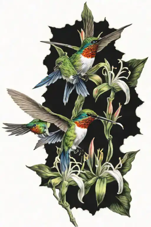 wildcat hummingbird lily flowers tattoo design idea