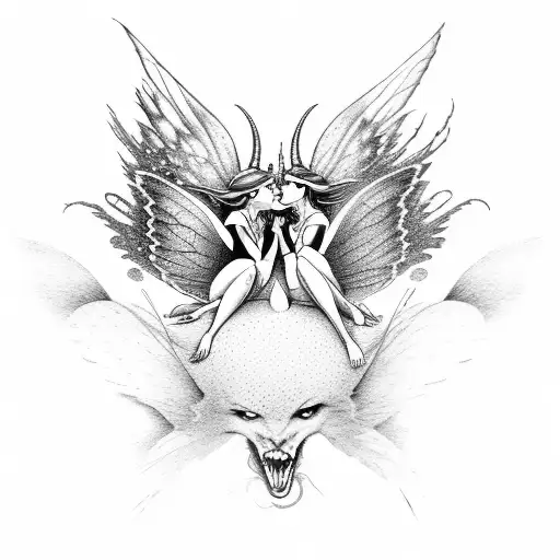 two gay fairy one is the devil and one is a good fairy kissing with their wings open tattoo design idea