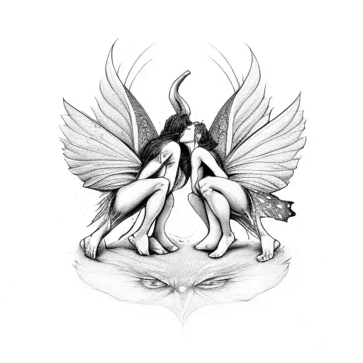 two male fairy one is the devil and one is a good fairy kissing with their wings open tattoo design idea