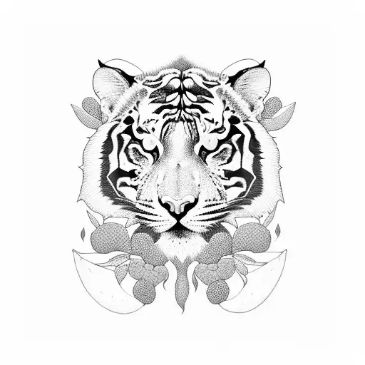 A psychedelic tiger surrounded by vibrant fruits and vegetables tattoo design idea