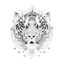 A psychedelic tiger surrounded by vibrant fruits and vegetables tattoo design idea