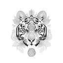 A psychedelic tiger surrounded by vibrant fruits and vegetables tattoo design idea