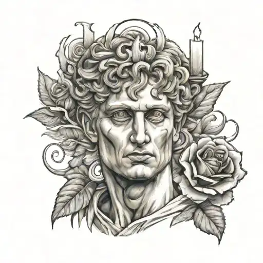 imperor augustus in glorious pose with candle flame and holding a rose tattoo design idea