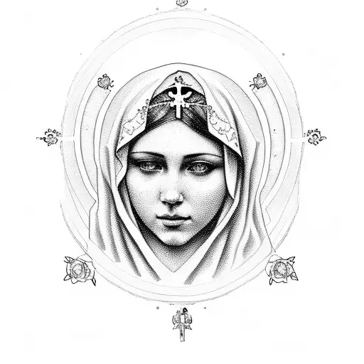 virgin mary with jesus with roses and rosary tattoo design idea