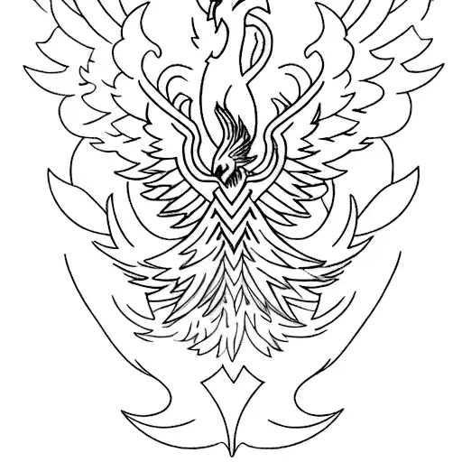 A fine line geometric tattoo of a phoenix rising from the ashes, symbolizing rebirth and renewal, inspired by Greek mythology. tattoo design idea