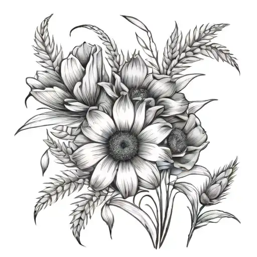 wheat daisy Lilly poppy flowers tattoo design idea