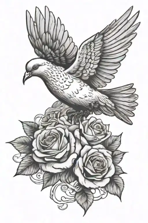 dove flying in clouds with roses and banner tattoo design idea