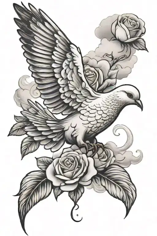 dove mid flight with rose in clouds tattoo design idea