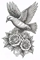 dove flying in clouds with roses and banner tattoo design idea