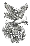 dove flying in clouds with roses and banner tattoo design idea