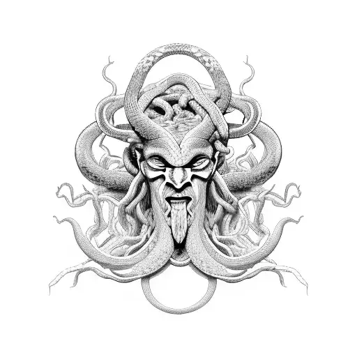black mamba snakes going all through the image forming the Norse tree of life, on a coin, Medusa's head roman statue tattoo design idea
