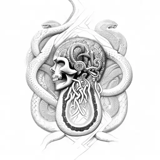 black mamba snakes going all through the image forming the Norse tree of life, on a coin, Medusa's skull in middle tattoo design idea
