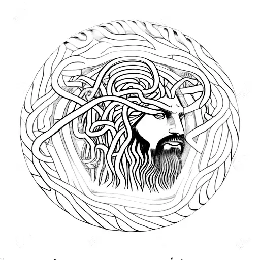 black mamba snakes going all through the image forming the Norse tree of life, on a coin, Medusa's head roman statue tattoo design idea