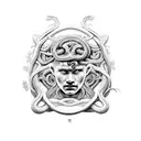 black mamba snakes going all through the image forming the Norse tree of life, on a coin, Medusa's head roman statue tattoo design idea