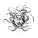 black mamba snakes going all through the image forming the Norse tree of life, on a coin, Medusa's head roman statue tattoo design idea