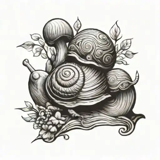 realistic snail with a shell that looks like a hill with mushrooms growing out of it tattoo design idea
