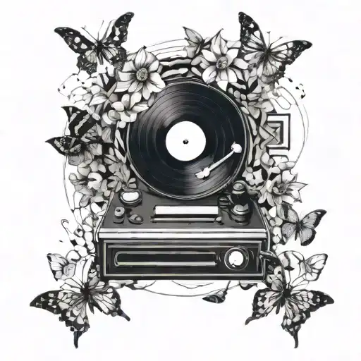 flower,butterflies,record player tattoo design idea