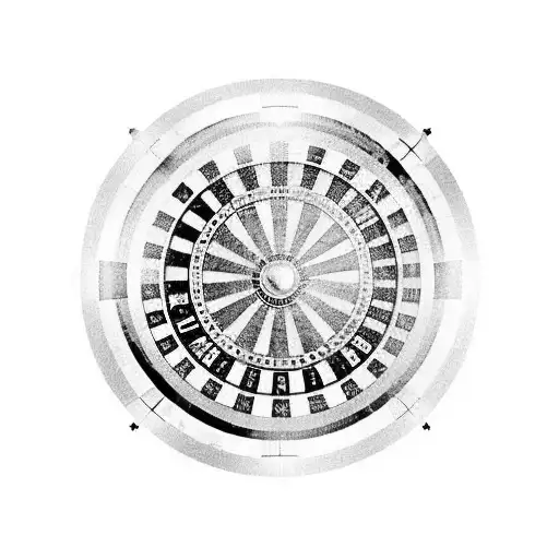 A roulette wheel with dollar bills instead of numbers, surrounded by women in various poses tattoo design idea