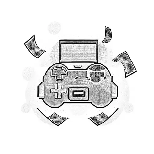 A pixelated gaming controller surrounded by stacks of money tattoo design idea