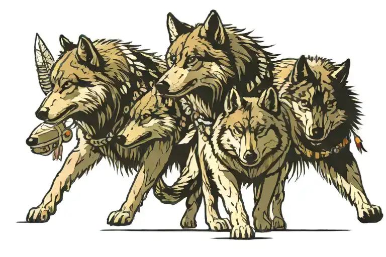 4 wolves walking along in a straight line a showy backdrop a few dears in the background aswell and a Indian chief in  tattoo design idea