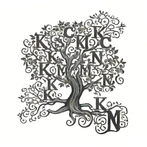 A family tree intertwined with the letters K, C, M, N, and A tattoo design idea