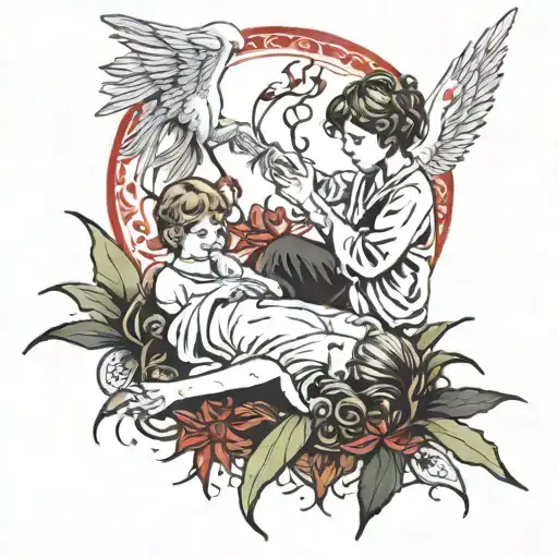 angel giving hand reaching towards the boy laying on a ground of red spider Lilly   tattoo design idea