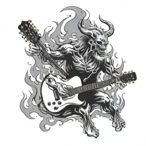 A demonic figure playing a guitar with flames and smoke swirling around it tattoo design idea