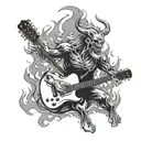 A demonic figure playing a guitar with flames and smoke swirling around it tattoo design idea