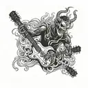 A demonic figure playing a guitar with flames and smoke swirling around it tattoo design idea