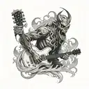 A demonic figure playing a guitar with flames and smoke swirling around it tattoo design idea